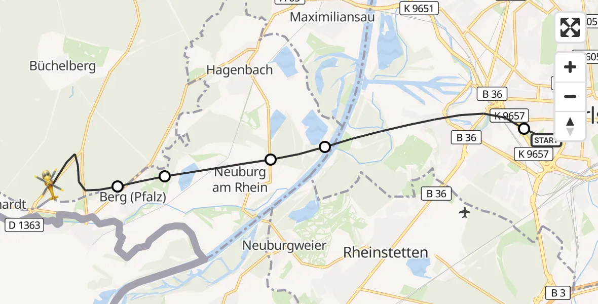 Flugroute Ambulanzhubschrauber Sankt Vincentius Hospital - Wörth am Rhein, 29 Juli 2026, 13:07