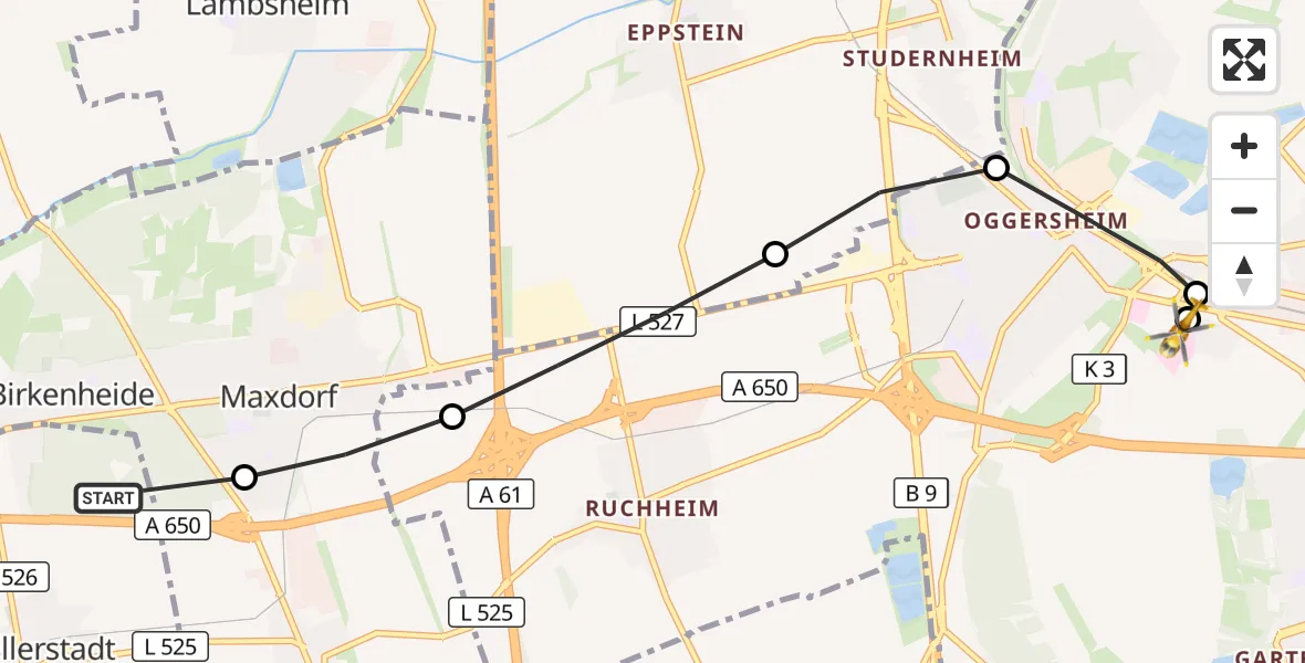 Flugroute Rettungshubschrauber Ellerstadt - Ludwigshafen Accident Hospital, 29 Juli 2026, 13:08