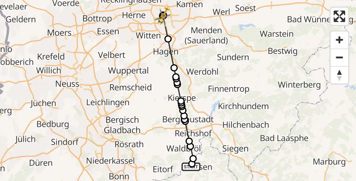 Flugroute Rettungshubschrauber Windeck - Dortmund Hospital North, 29 Juli 2026, 13:08