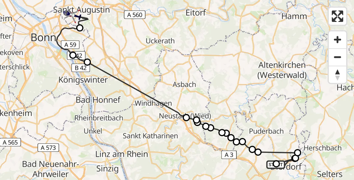 Flugroute Polizeihubschrauber Dierdorf - Bonn-Hangelar Flugplatz, 29 Juli 2026, 13:09