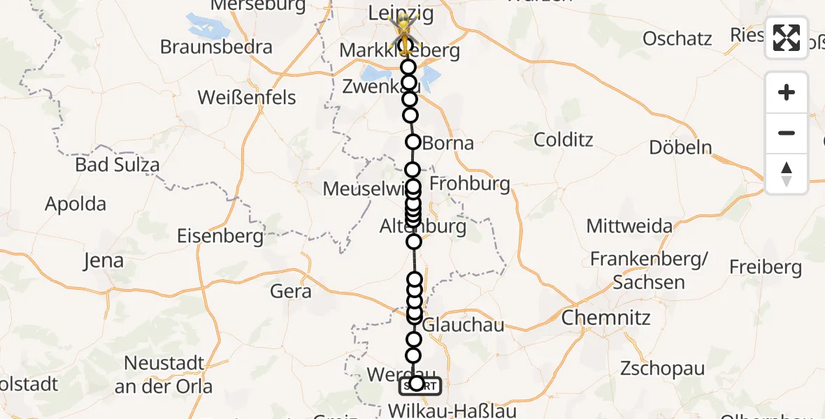 Flugroute Rettungshubschrauber ADAC Air Rescue Station Zwickau Hubschrauberlandeplatz - Sankt Elisabeth Hospital Leipzig Hubschrauberlandeplatz, 29 Juli 2026, 13:15