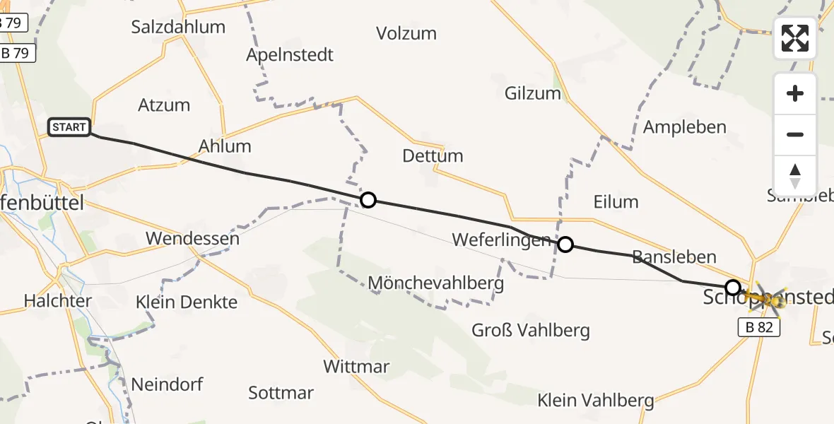 Flugroute Rettungshubschrauber Wolfenbüttel - Schöppenstedt, 29 Juli 2026, 13:17