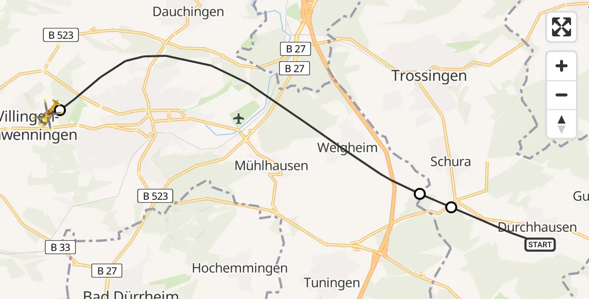 Flugroute Ambulanzhubschrauber Durchhausen - DRF Air Rescue Station Villingen-Schwenningen Hubschrauberlandeplatz (Christoph 11), 29 Juli 2026, 13:19