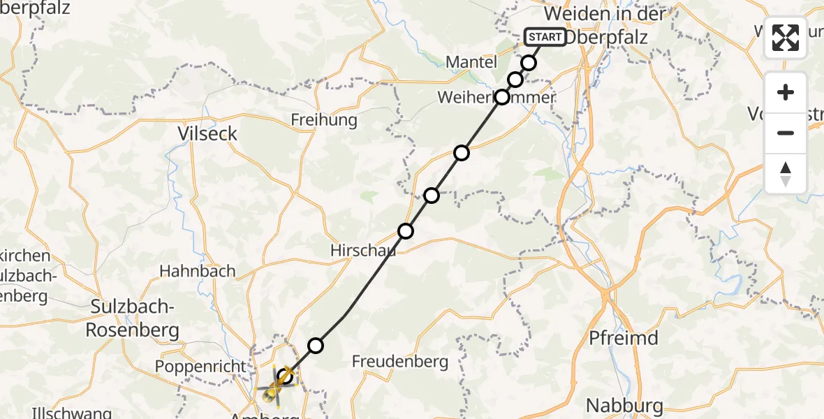 Flugroute Ambulanzhubschrauber Weiden i.d.OPf. - Amberg, 29 Juli 2026, 13:21