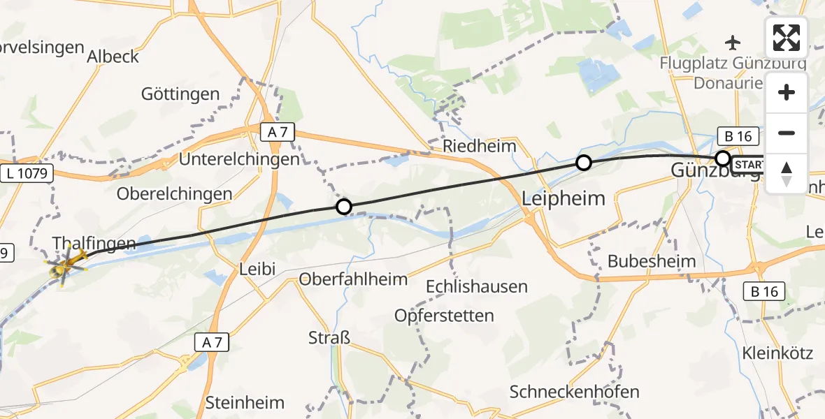 Flugroute Rettungshubschrauber Günzburg Hospital - Elchingen, 29 Juli 2026, 13:24