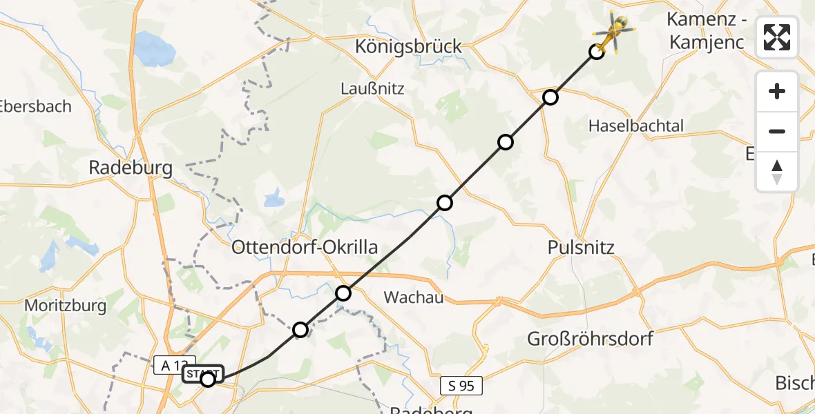 Flugroute Rettungshubschrauber Dresden Bundespolizei Hubschrauberlandeplatz - Kamenz, 29 Juli 2026, 13:24