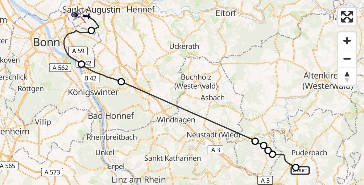 Flugroute Polizeihubschrauber Harschbach - Bonn-Hangelar Flugplatz, 29 Juli 2026, 13:29