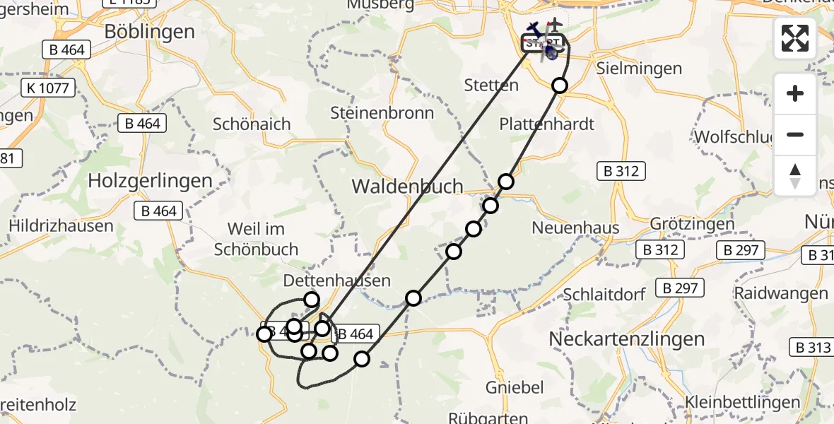 Flugroute Polizeihubschrauber Flughafen Stuttgart - Flughafen Stuttgart, 29 Juli 2026, 13:29