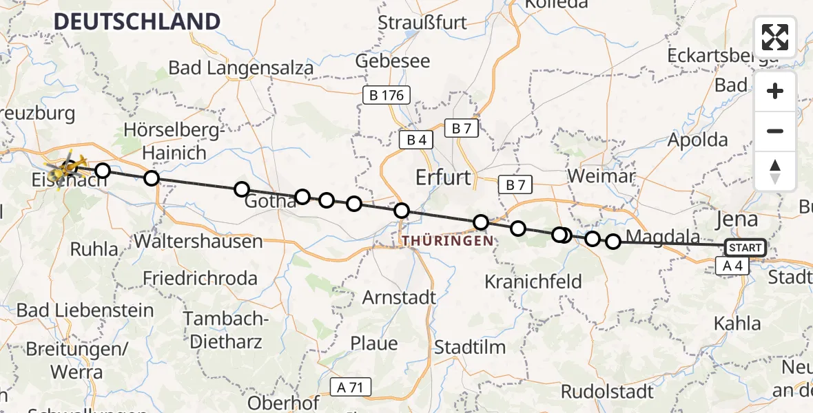 Flugroute Ambulanzhubschrauber Lobeda Hubschrauberlandeplatz - Sankt Georg Hospital Eisenach, 29 Juli 2026, 13:31