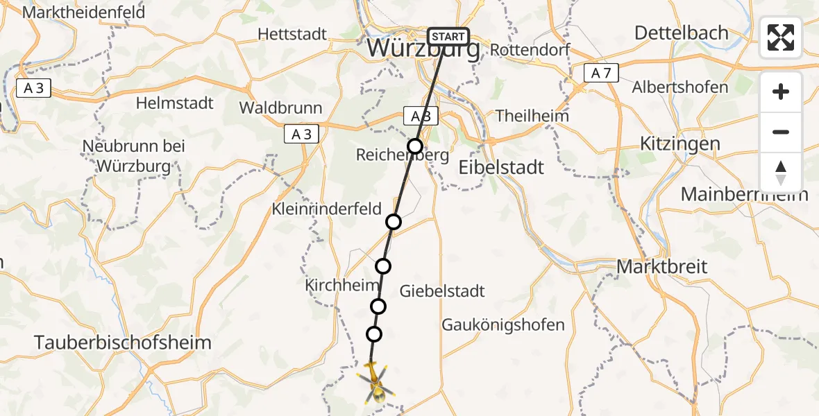 Flugroute Rettungshubschrauber Würzburg - Bütthard, 29 Juli 2026, 13:36
