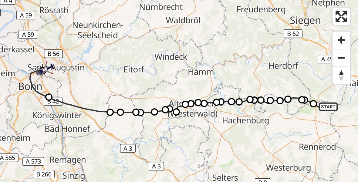 Flugroute Polizeihubschrauber Liebenscheid - Sankt Augustin, 29 Juli 2026, 13:37