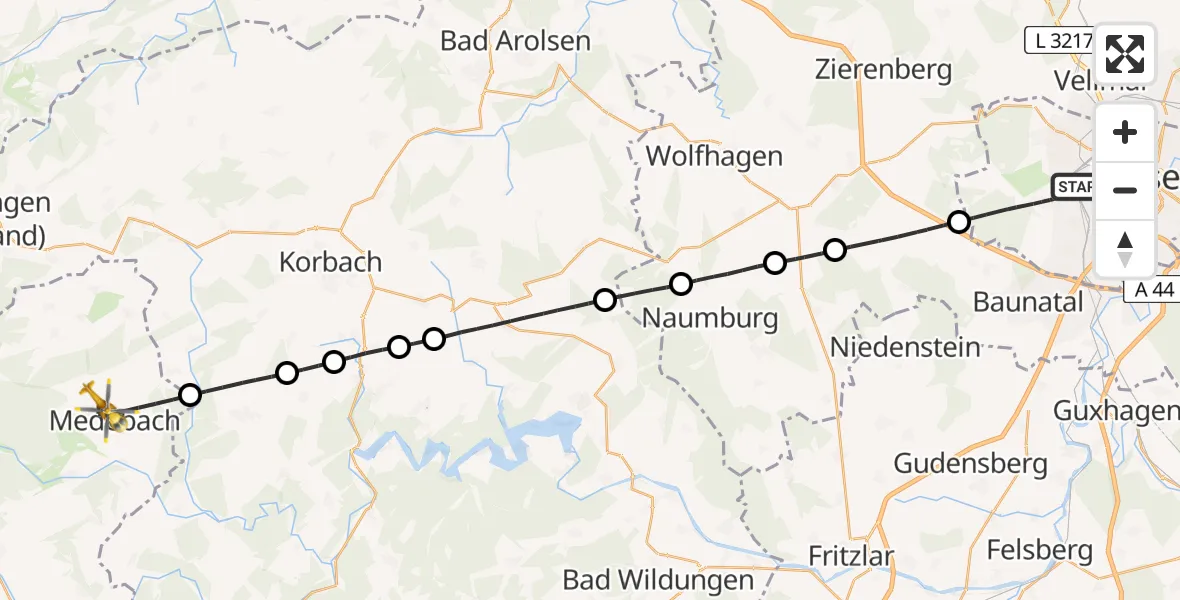 Flugroute Rettungshubschrauber Kassel - Medebach, 29 Juli 2026, 13:38