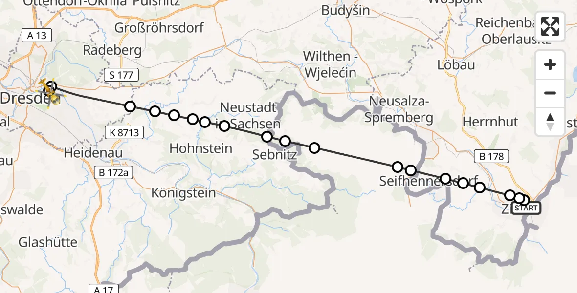 Flugroute Rettungshubschrauber Zittau - Dresden University Hospital, 29 Juli 2026, 13:40