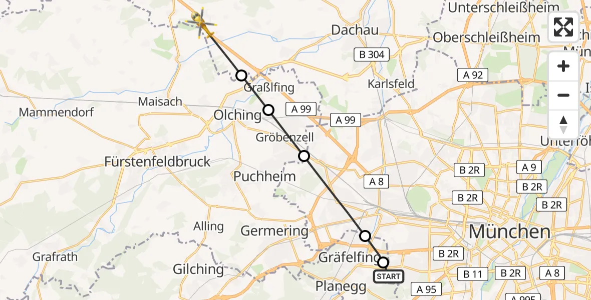 Flugroute Rettungshubschrauber DRF Air Rescue München Hubschrauberlandeplatz - Bergkirchen, 29 Juli 2026, 13:42