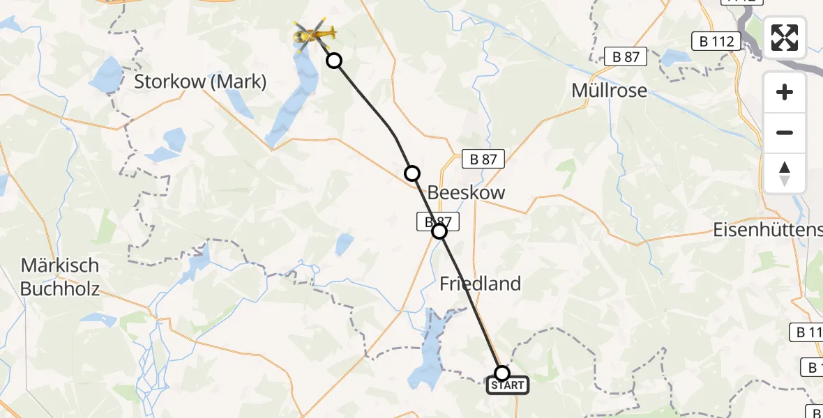 Flugroute Rettungshubschrauber Lieberose - Bad Saarow, 29 Juli 2026, 13:44