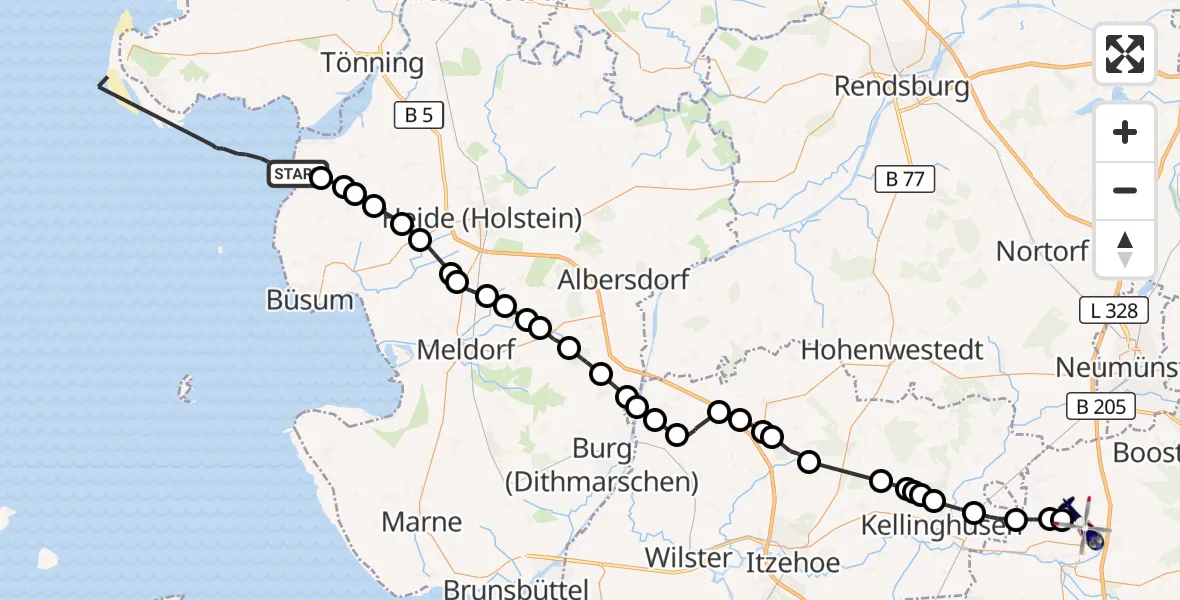 Flugroute Polizeihubschrauber Wesselburenerkoog - Wiemersdorf, 29 Juli 2026, 13:45
