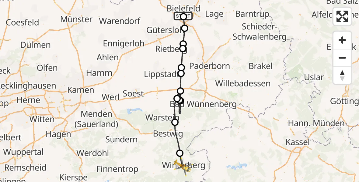 Flugroute Rettungshubschrauber Luftrettungszentrum Bielefeld - Winterberg, 29 Juli 2026, 13:46