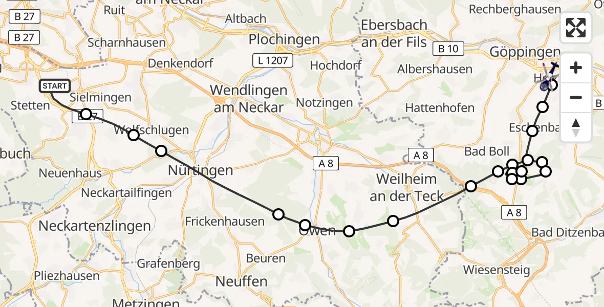 Flugroute Polizeihubschrauber Flughafen Stuttgart - Göppingen, 29 Juli 2026, 13:46