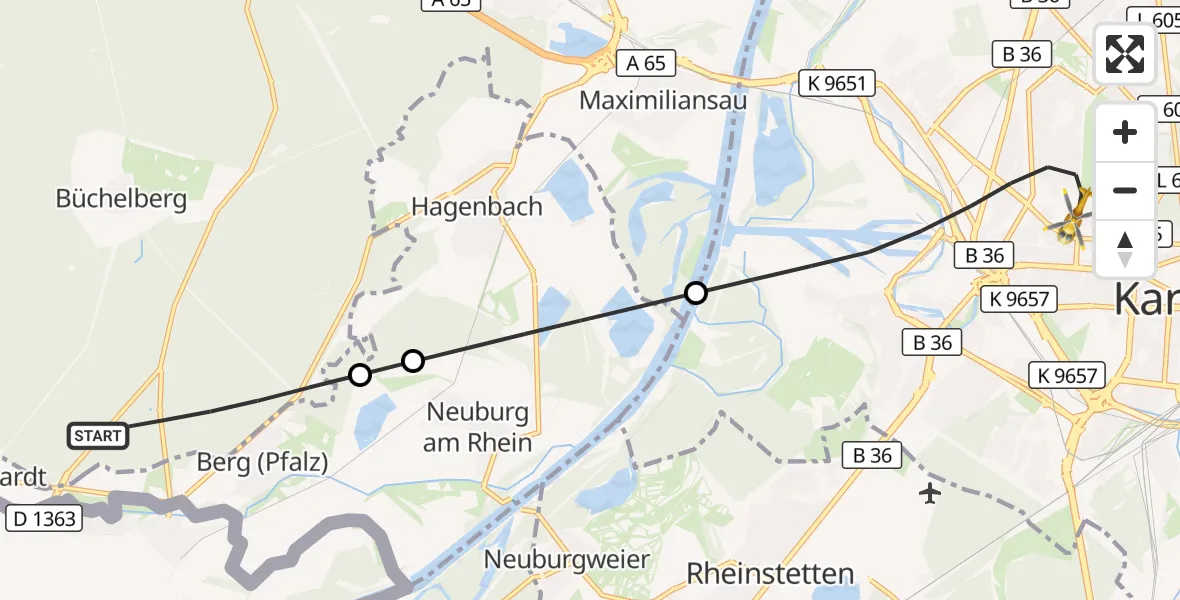 Flugroute Ambulanzhubschrauber Wörth am Rhein - Karlsruhe, 29 Juli 2026, 13:54