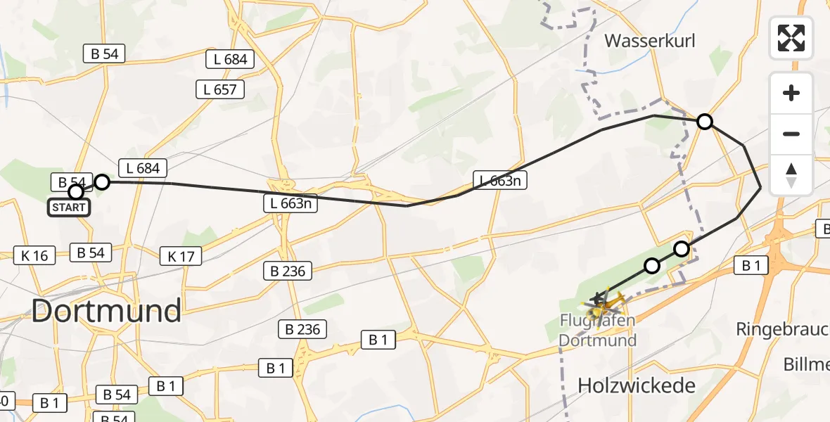 Flugroute Rettungshubschrauber Dortmund Hospital North - Dortmund Flughafen, 29 Juli 2026, 14:01