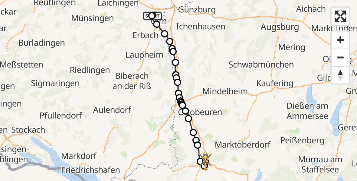 Flugroute Rettungshubschrauber Ulm Military Hospital Emergency - Kempten-Durach Flugplatz, 29 Juli 2026, 14:02