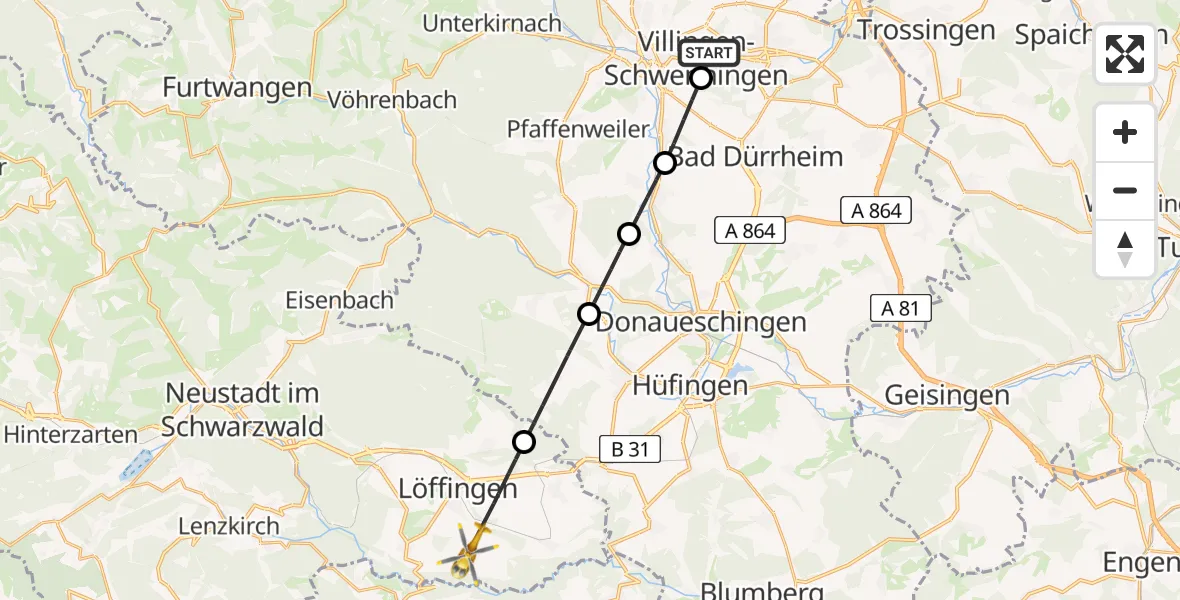 Flugroute Ambulanzhubschrauber DRF Air Rescue Station Villingen-Schwenningen Hubschrauberlandeplatz (Christoph 11) - Löffingen, 29 Juli 2026, 14:05