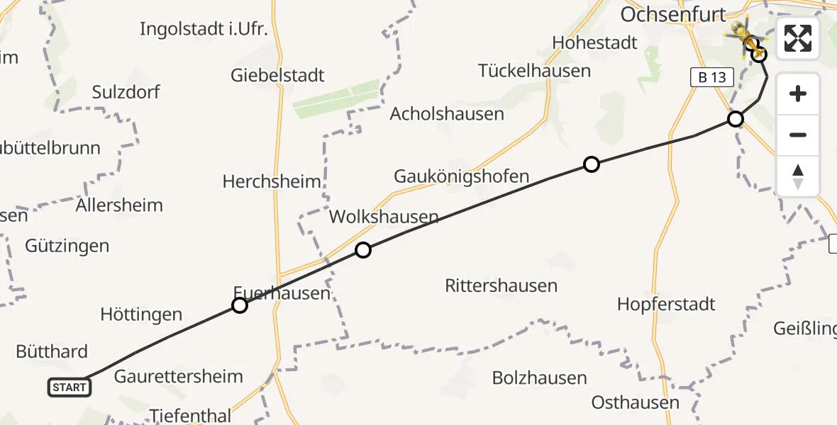 Flugroute Rettungshubschrauber Bütthard - Ochsenfurt Hospital, 29 Juli 2026, 14:06