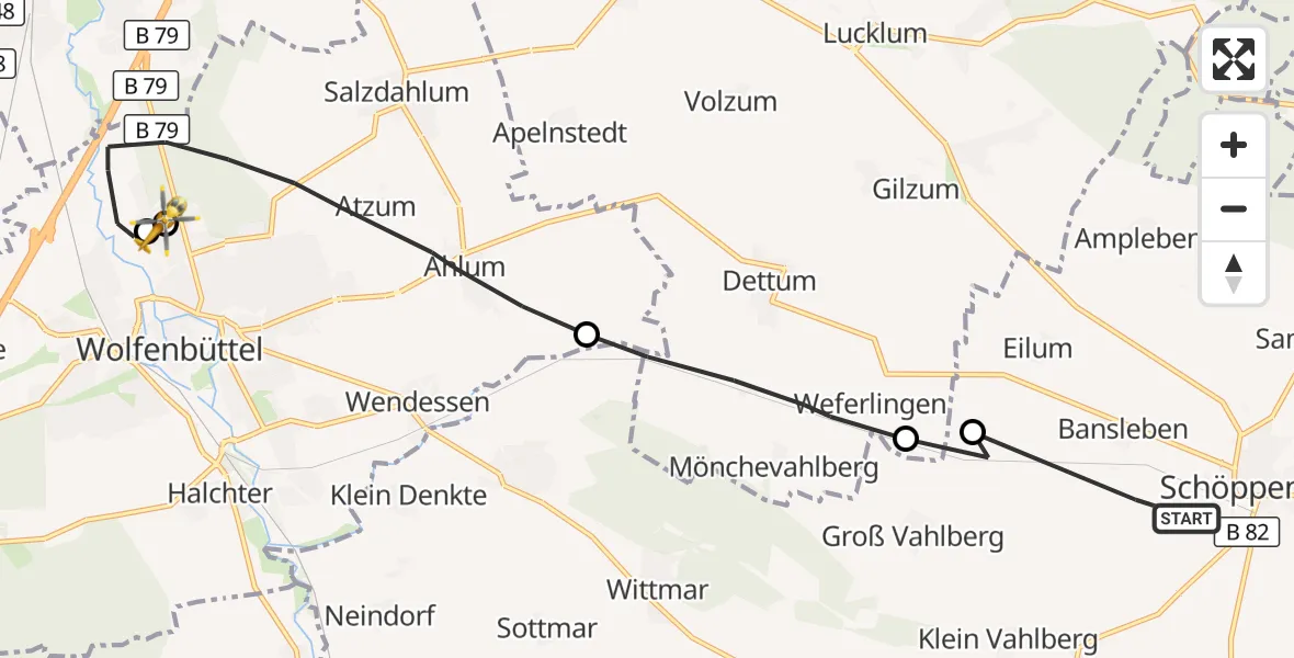 Flugroute Rettungshubschrauber Schöppenstedt - Wolfenbüttel Municipal Hospital Heliport (Christoph 30), 29 Juli 2026, 14:10