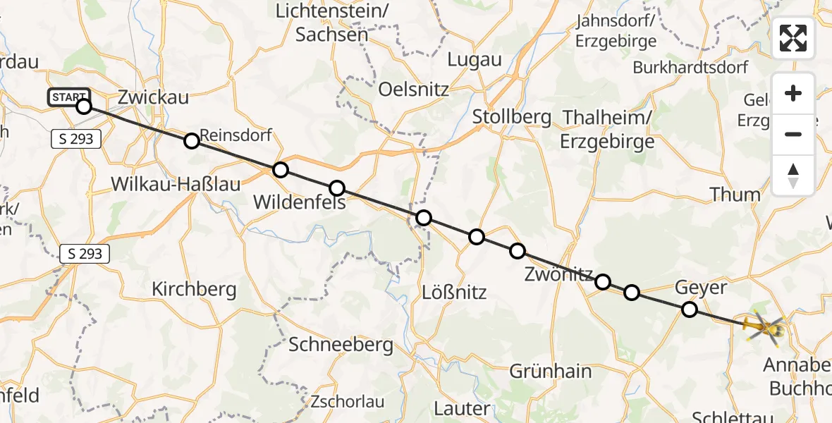 Flugroute Rettungshubschrauber ADAC Air Rescue Station Zwickau Hubschrauberlandeplatz - Tannenberg, 29 Juli 2026, 14:12