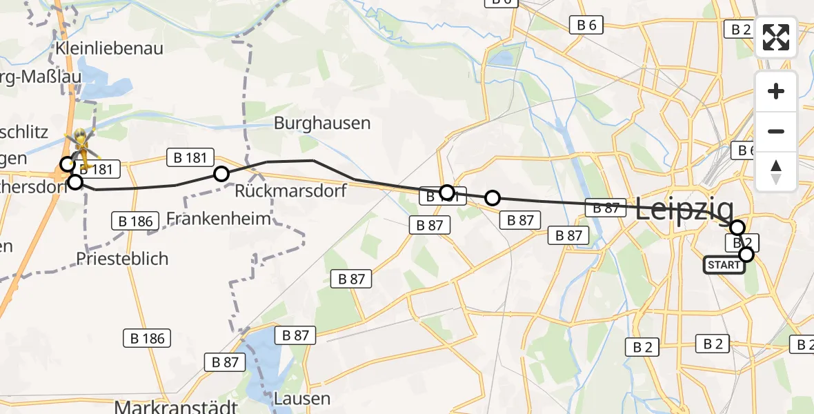 Flugroute Rettungshubschrauber Leipzig University Hospital Heliport 1 - ADAC Air Rescue Station Leipzig/Schkeuditz-Dölzig Hubschrauberlandeplatz (Christoph 61), 29 Juli 2026, 14:17