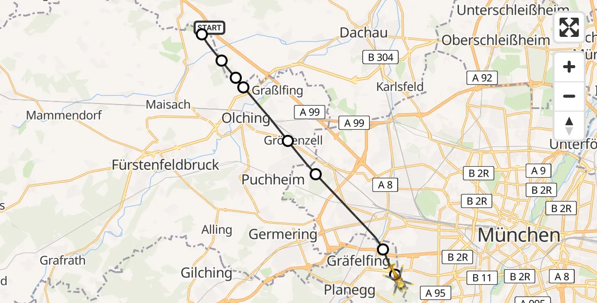 Flugroute Rettungshubschrauber Bergkirchen - DRF Air Rescue München Hubschrauberlandeplatz, 29 Juli 2026, 14:18