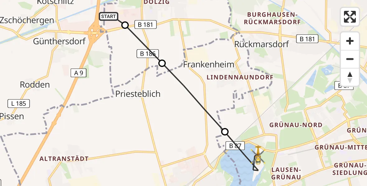 Flugroute Rettungshubschrauber ADAC Air Rescue Station Leipzig/Schkeuditz-Dölzig Hubschrauberlandeplatz (Christoph 61) - Leipzig, 29 Juli 2026, 14:18