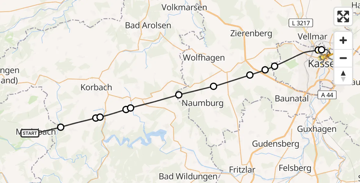 Flugroute Rettungshubschrauber Medebach - Kassel, 29 Juli 2026, 14:22