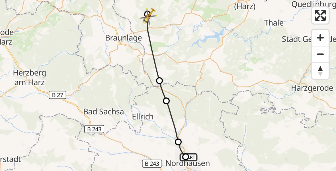 Flugroute Rettungshubschrauber Südharz Hospital Nordhausen - Wernigerode, 29 Juli 2026, 14:24
