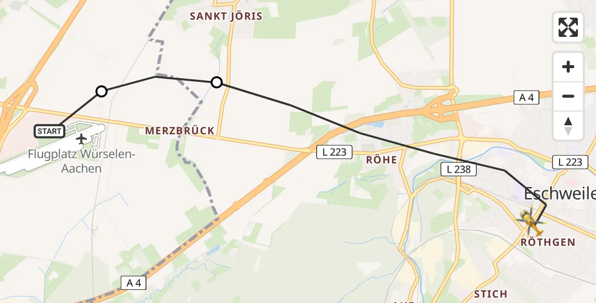 Flugroute Rettungshubschrauber Aachen-Merzbrück Flughafen - Eschweiler, 29 Juli 2026, 14:24