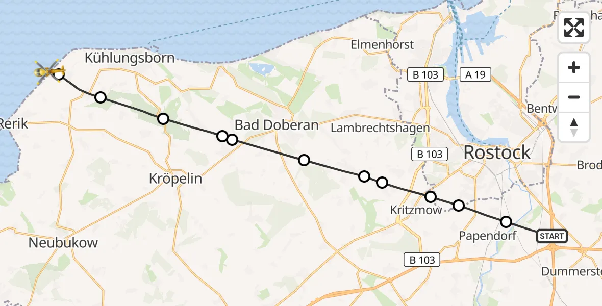 Flugroute Ambulanzhubschrauber Dummerstorf - Rerik, 29 Juli 2026, 14:25