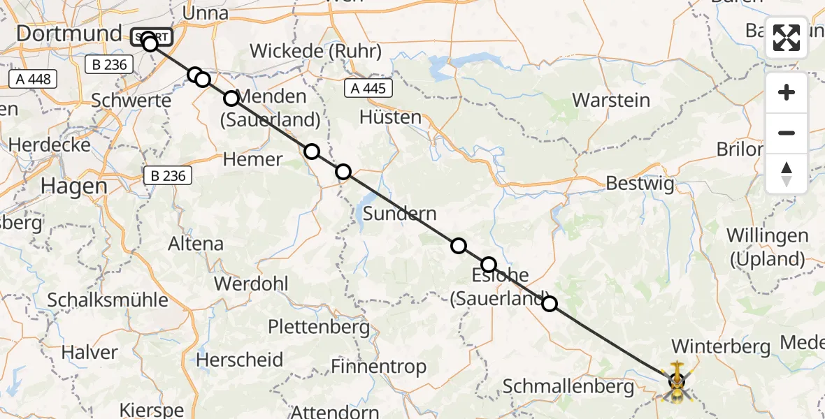 Flugroute Rettungshubschrauber Dortmund Flughafen - Winterberg, 29 Juli 2026, 14:28