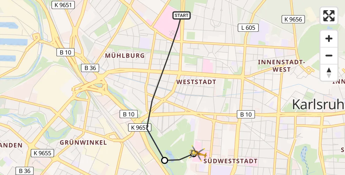 Flugroute Ambulanzhubschrauber Karlsruhe - Sankt Vincentius Hospital, 29 Juli 2026, 14:34