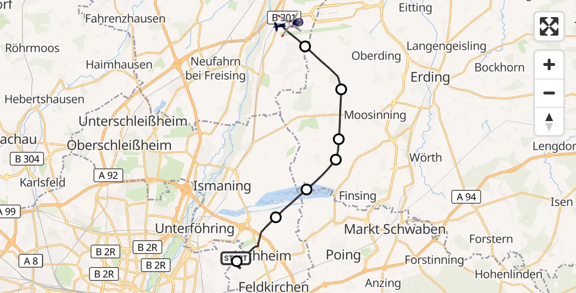 Flugroute Polizeihubschrauber München - Hallbergmoos, 29 Juli 2026, 14:37