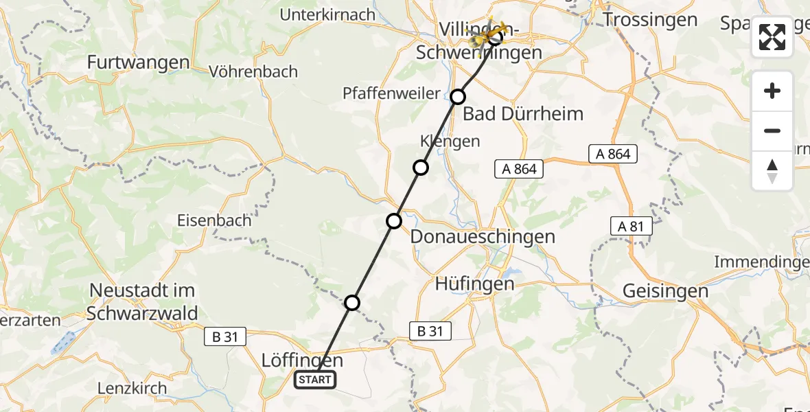 Flugroute Ambulanzhubschrauber Löffingen - DRF Air Rescue Station Villingen-Schwenningen Hubschrauberlandeplatz (Christoph 11), 29 Juli 2026, 14:37