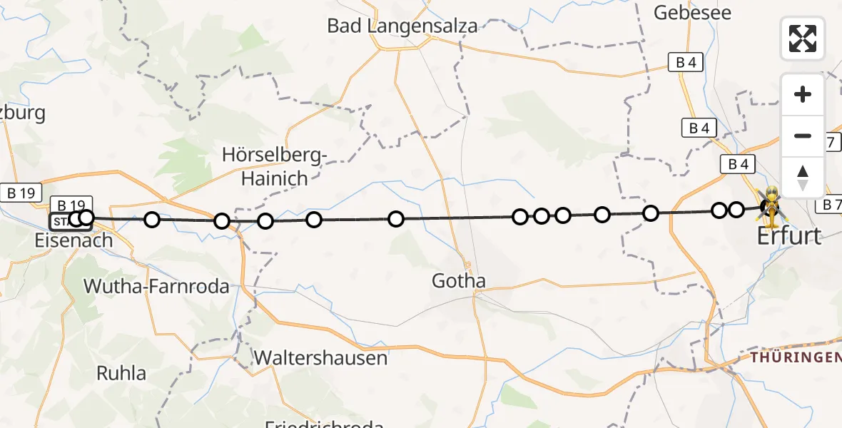Flugroute Ambulanzhubschrauber Sankt Georg Hospital Eisenach - Helios Clinic Erfurt, 29 Juli 2026, 14:37