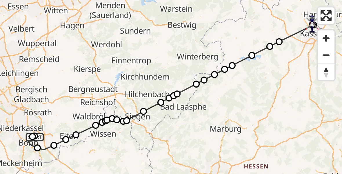 Flugroute Polizeihubschrauber Bonn-Hangelar Flugplatz - Fuldatal Bundespolizei Hubschrauberlandeplatz, 29 Juli 2026, 14:38
