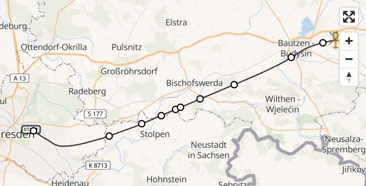 Flugroute Rettungshubschrauber Dresden University Hospital - Bautzen Flugplatz, 29 Juli 2026, 14:39