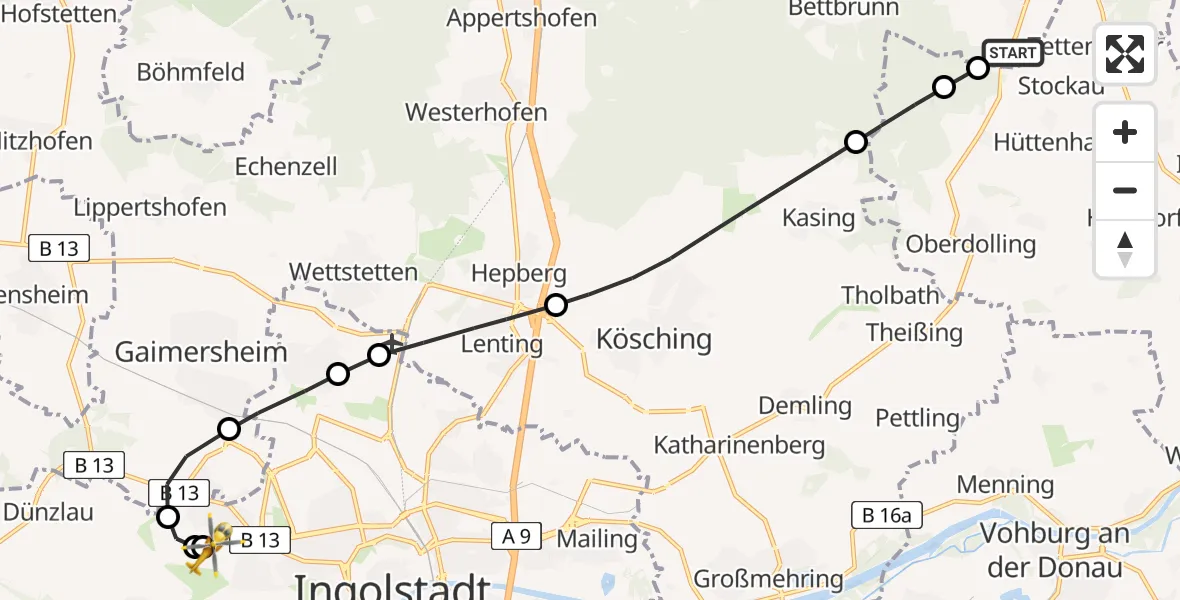 Flugroute Rettungshubschrauber Altmannstein - Ingolstadt Hospital, 29 Juli 2026, 14:39