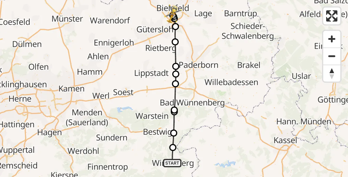 Flugroute Rettungshubschrauber Winterberg - Luftrettungszentrum Bielefeld, 29 Juli 2026, 14:44