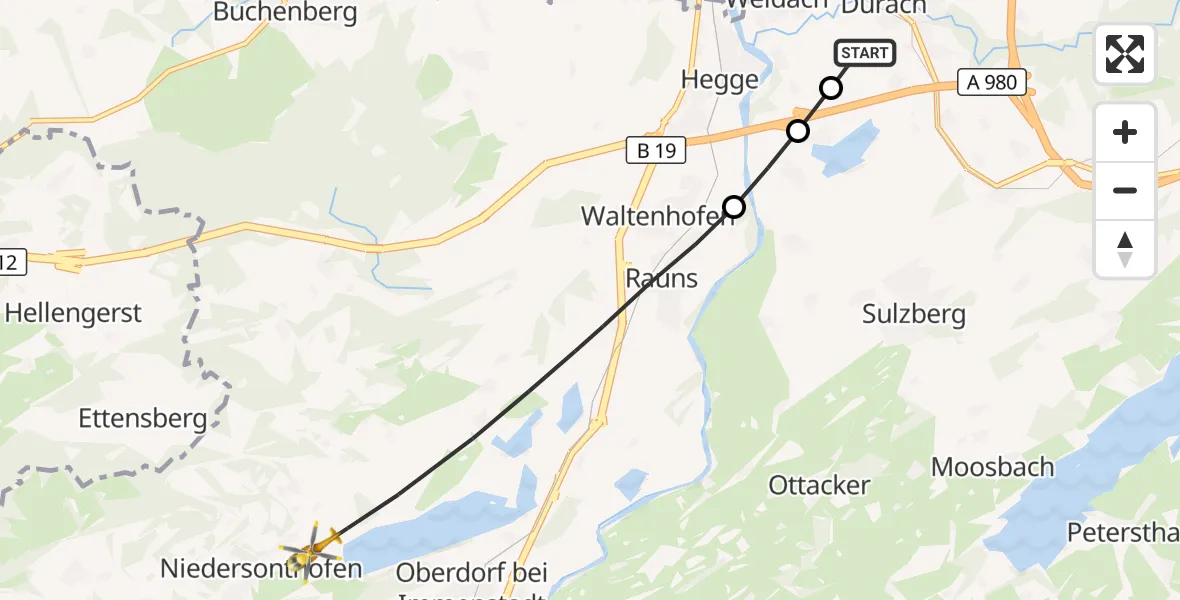 Flugroute Rettungshubschrauber Kempten-Durach Flugplatz - Waltenhofen, 29 Juli 2026, 14:46