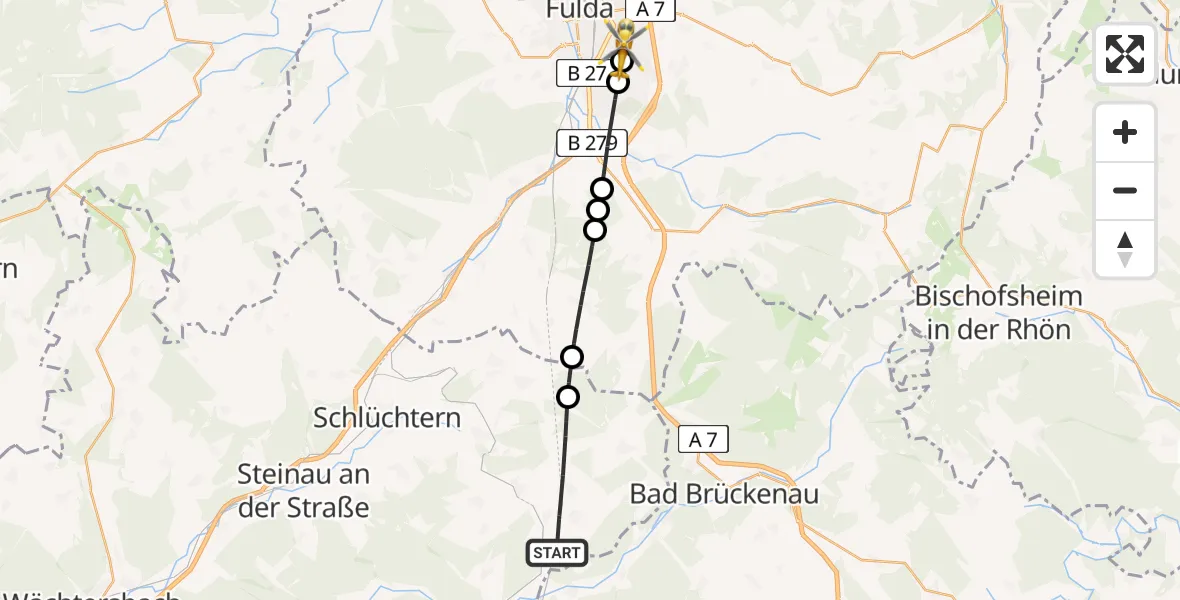 Flugroute Rettungshubschrauber Sinntal - Künzell, 29 Juli 2026, 14:53