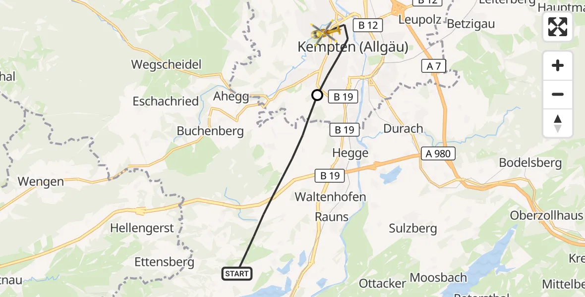 Flugroute Rettungshubschrauber Waltenhofen - Kempten (Allgäu), 29 Juli 2026, 15:07