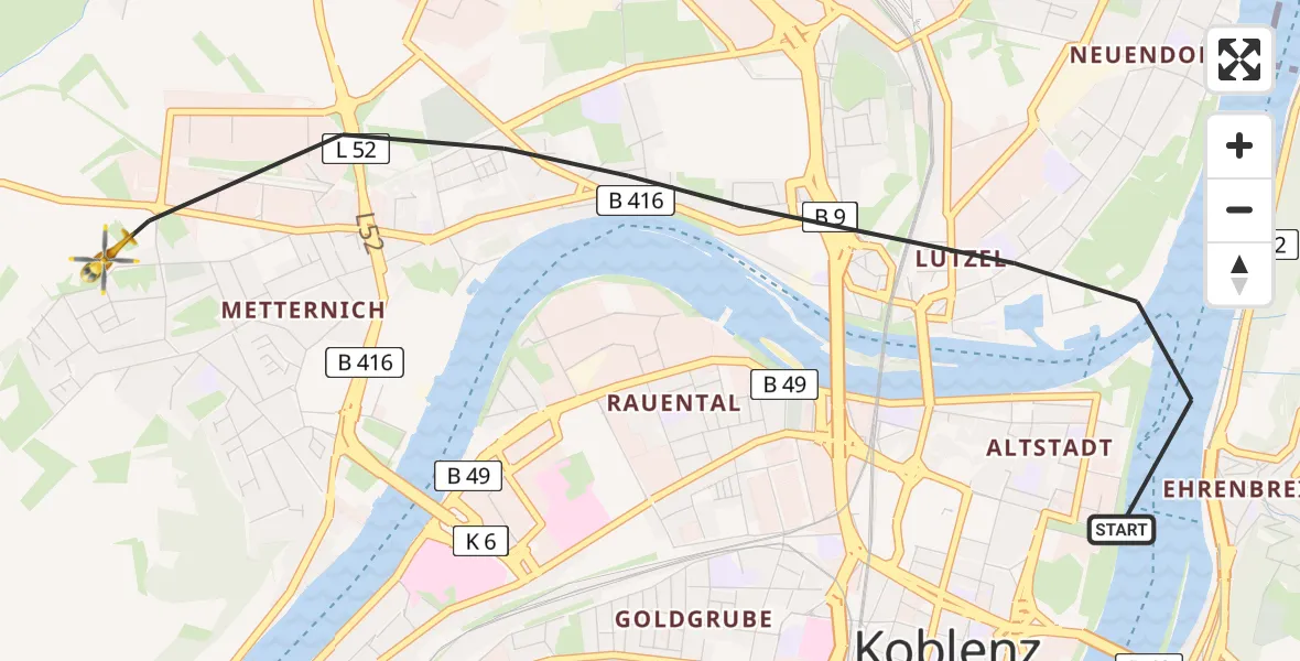 Flugroute Rettungshubschrauber Koblenz - Koblenz, 29 Juli 2026, 15:08