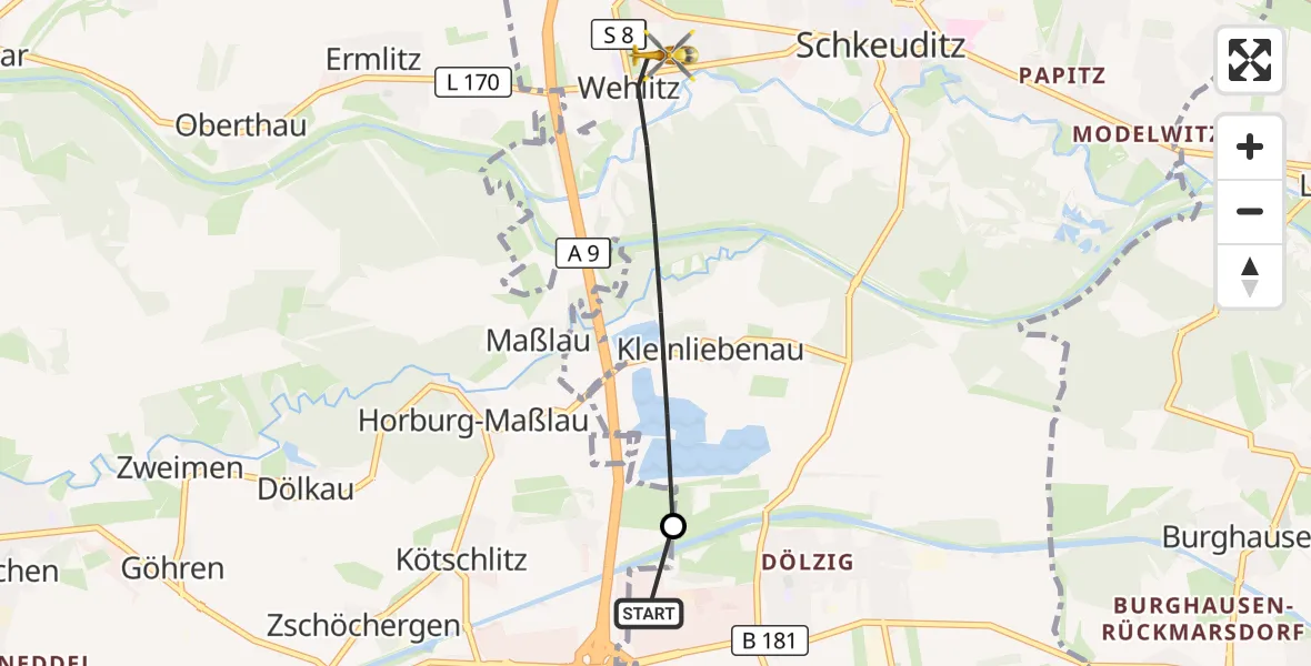 Flugroute Rettungshubschrauber ADAC Air Rescue Station Leipzig/Schkeuditz-Dölzig Hubschrauberlandeplatz (Christoph 61) - Schkeuditz, 29 Juli 2026, 15:11